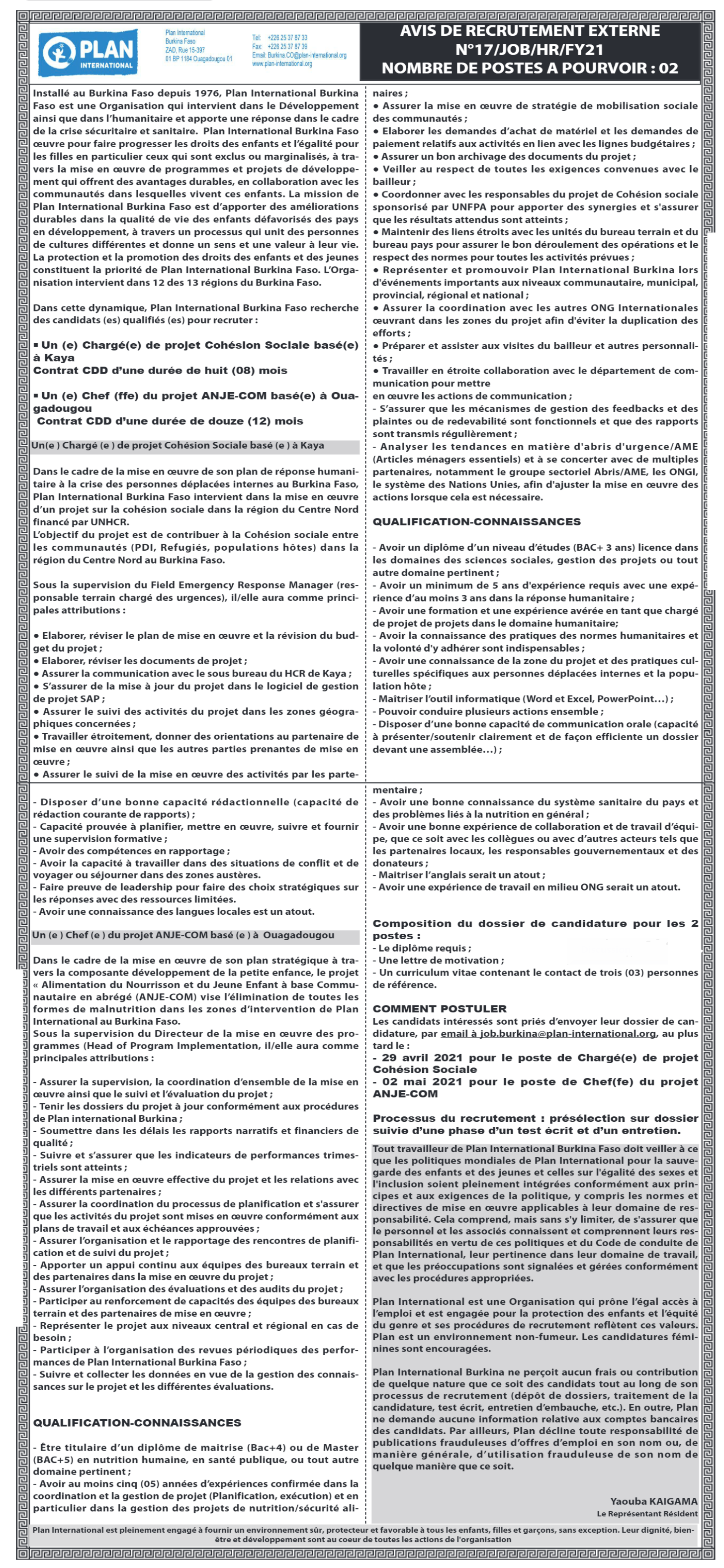 Recrutement de 01 Chargé de Projet Cohésion Sociale et 01 Chef du Projet ANJE-COM